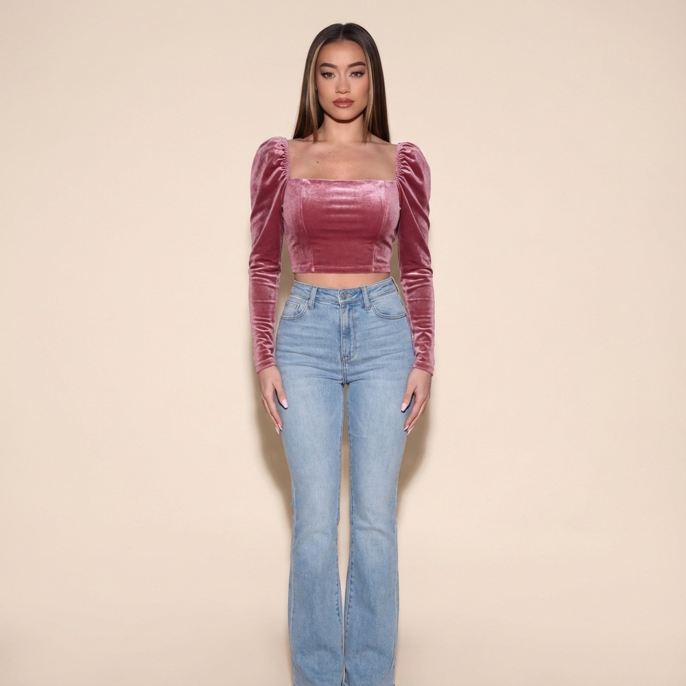 Velvet Long Sleeve Top in Burgundy